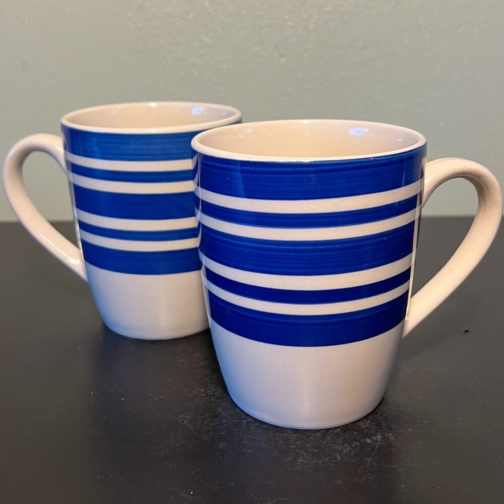 DOVER & YORK Cobalt Blue Nautical Striped Stoneware Coffee Cup Mug Set of 2